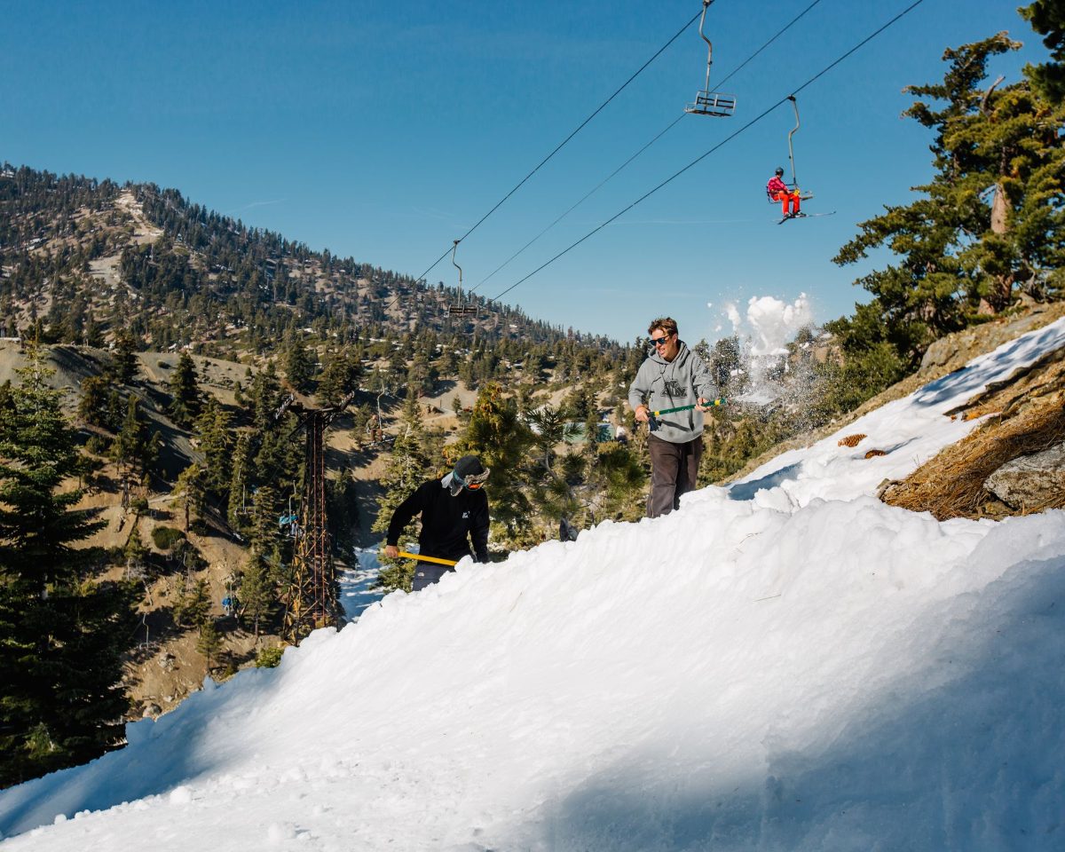 A skier on the slope below the chairlift, with pines and mountains behind
