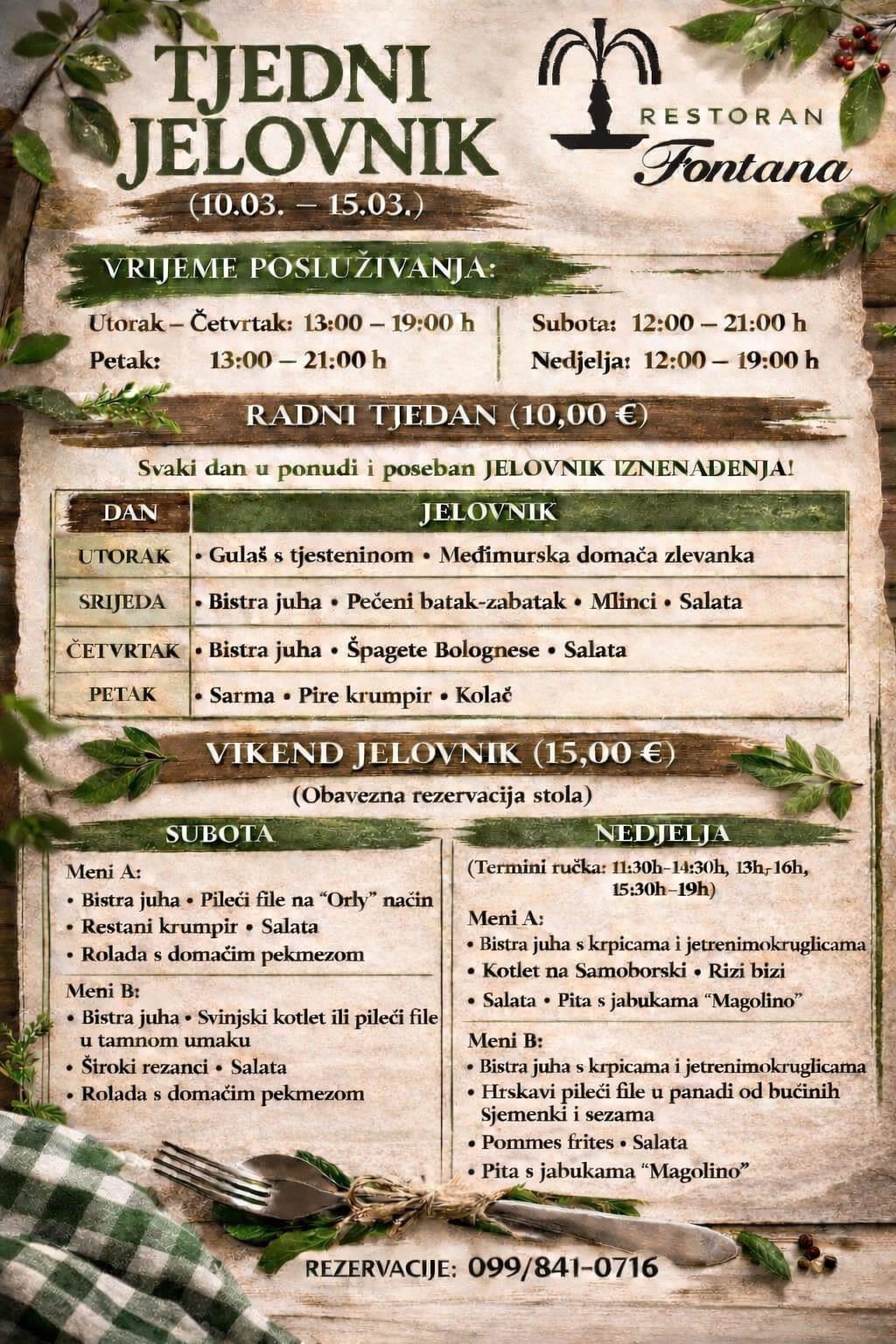 Restoran Fontana tjedni meni