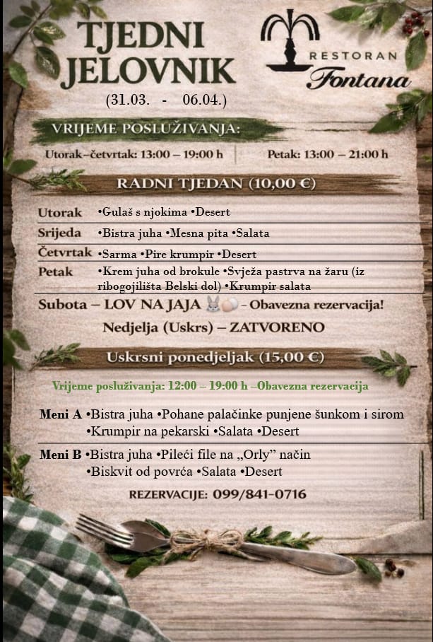 Restoran Fontana tjedni meni