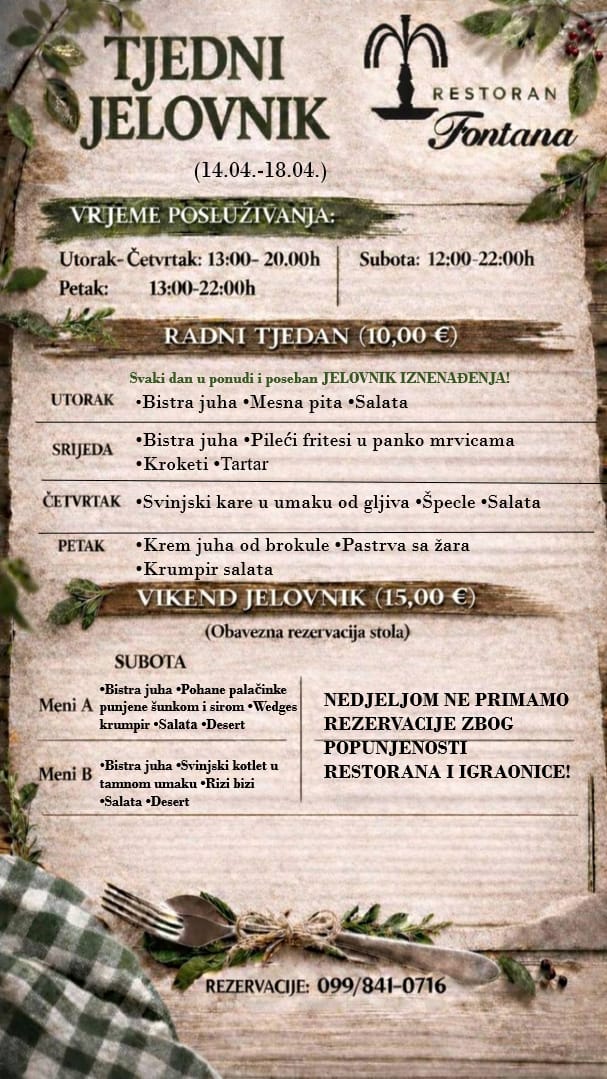 Restoran Fontana tjedni meni