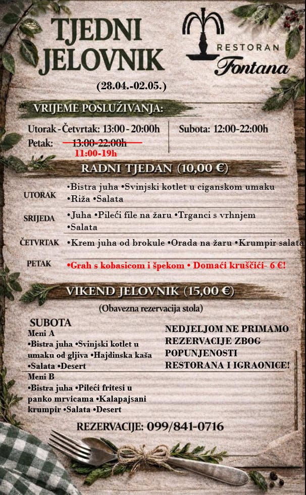 Restoran Fontana tjedni meni
