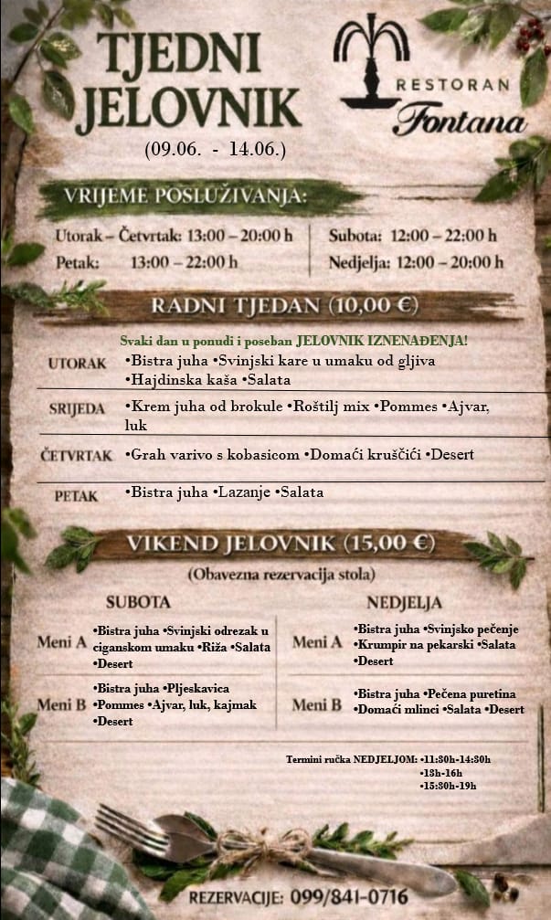 Restoran Fontana tjedni meni