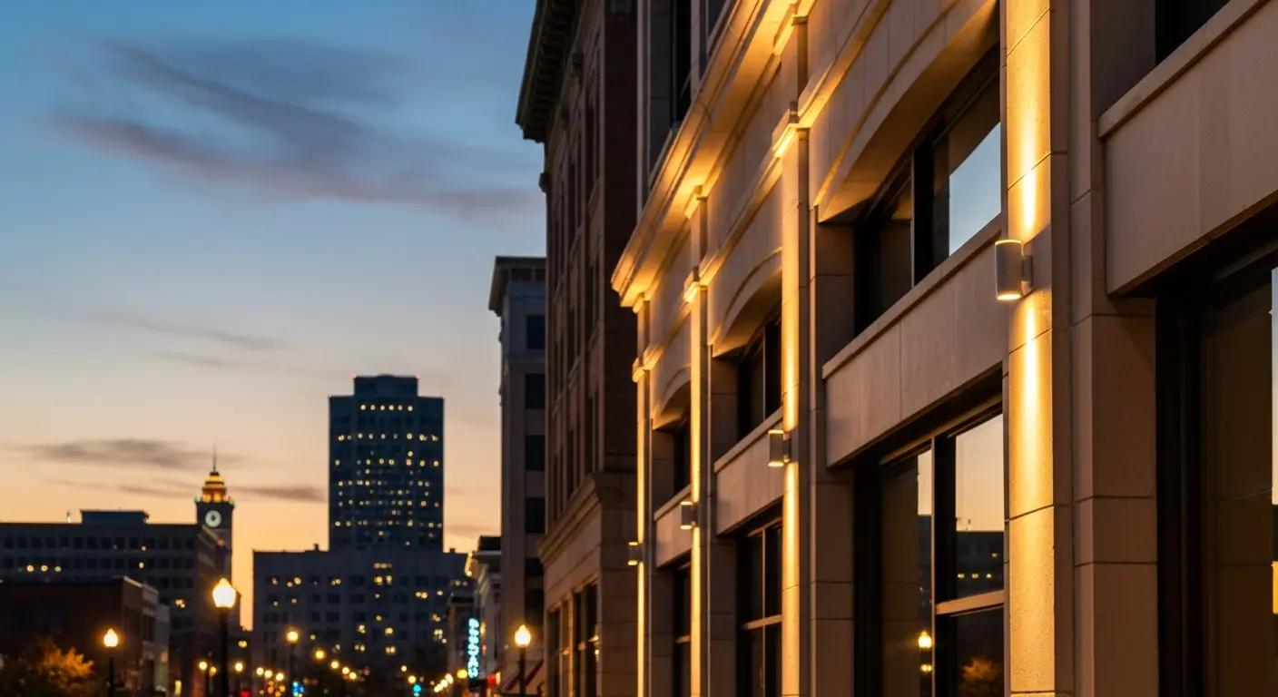 Commercial holiday lighting on building facade
