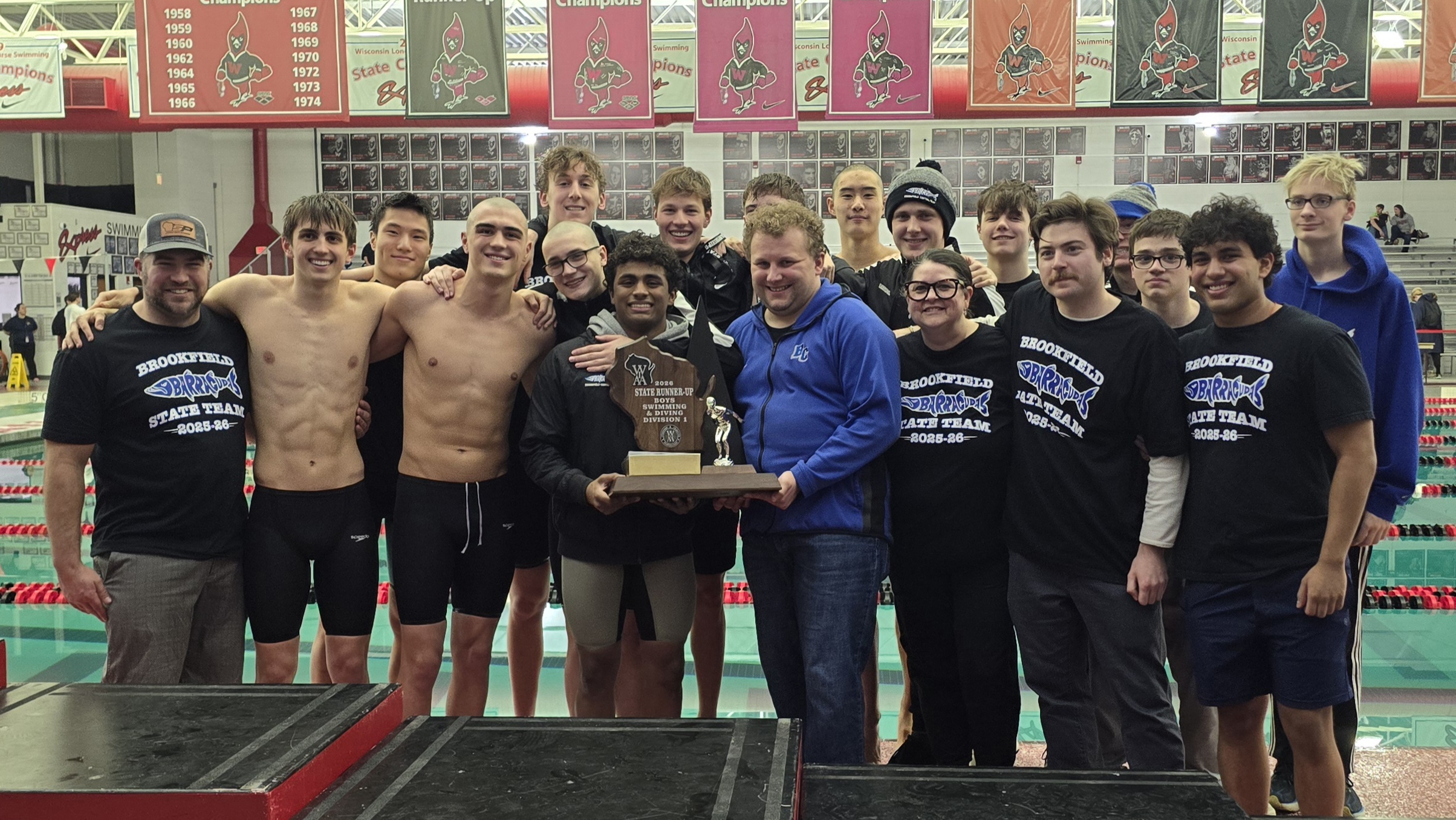 Brookfield Barracudas swim team with state trophy, trained by Wisconsin Sports Performance