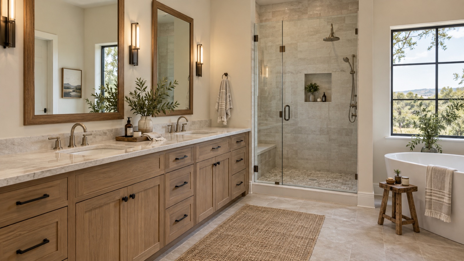 Remodeled San Antonio bathroom with wood vanity and stone countertop