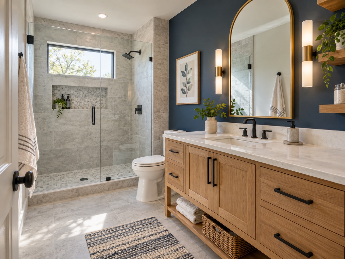 Completed bathroom remodel with walk-in shower and wood vanity