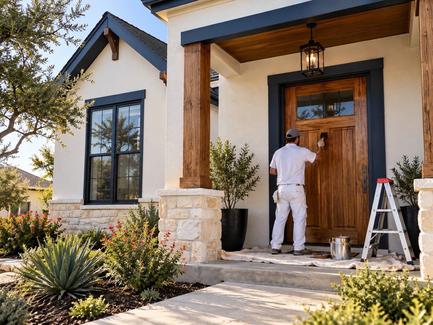 Professional exterior painting and front-door staining on a San Antonio home