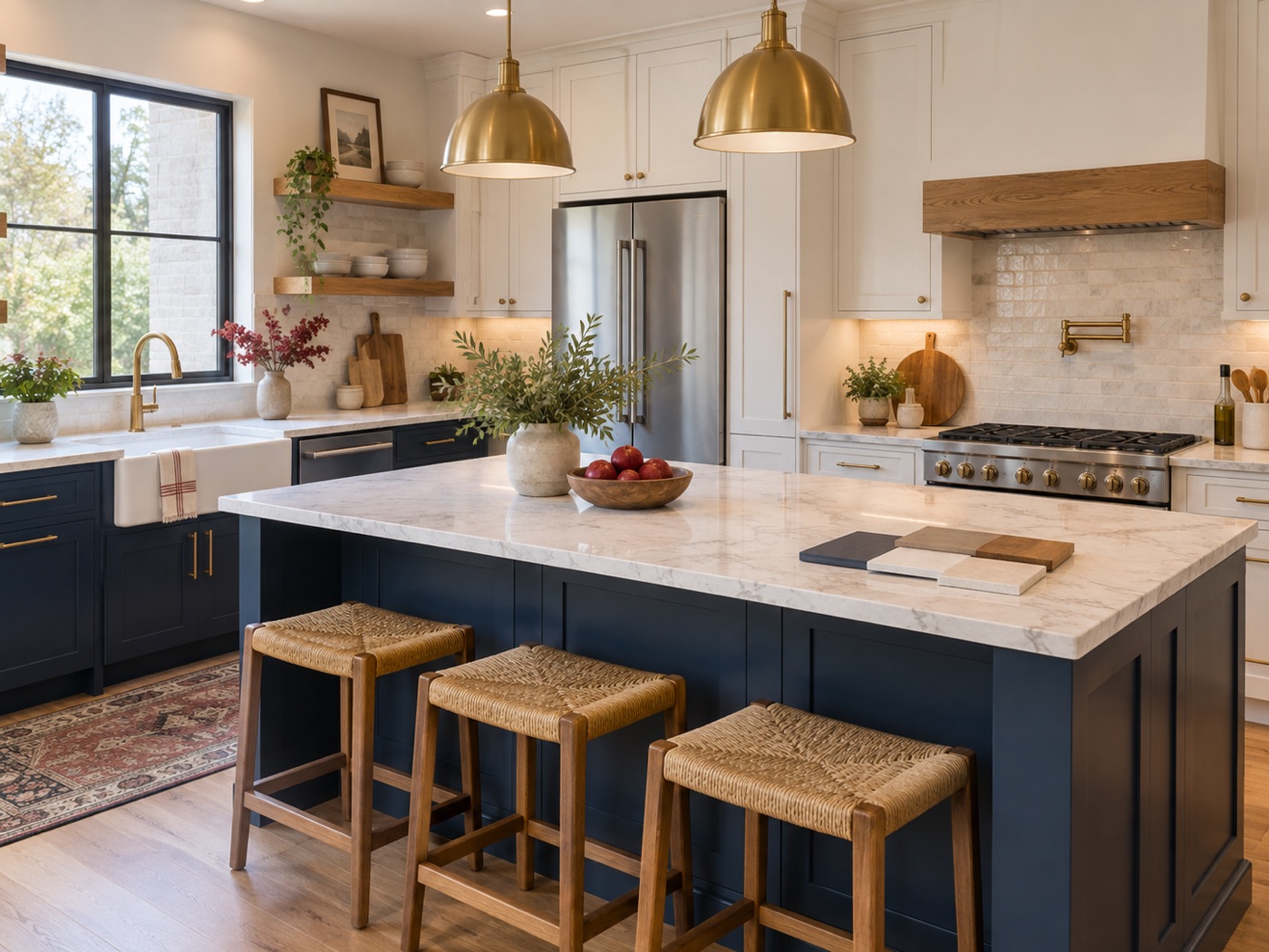 Completed kitchen remodel with navy cabinets and stone countertops