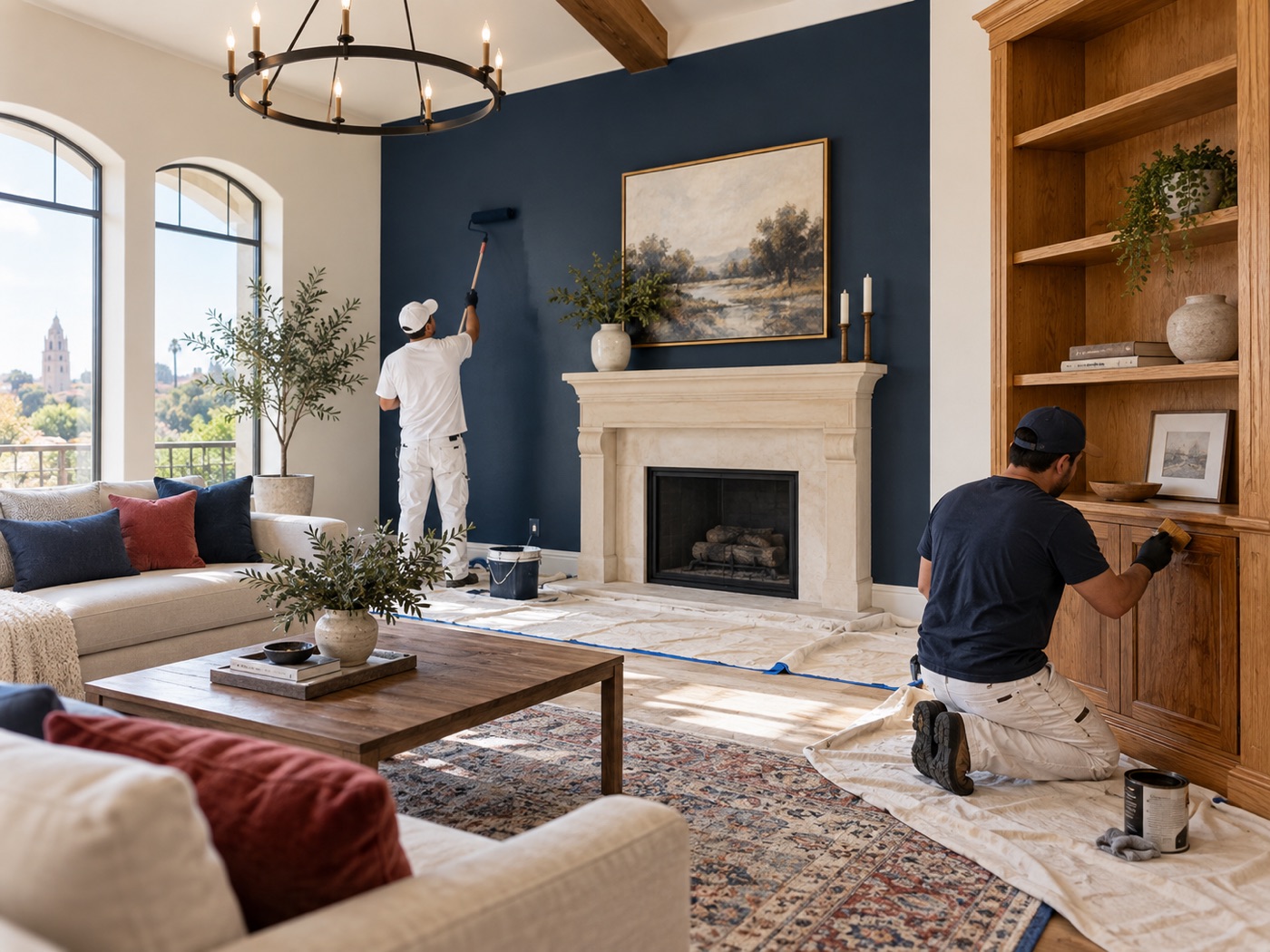 Professional interior painting and wood staining in a San Antonio living room