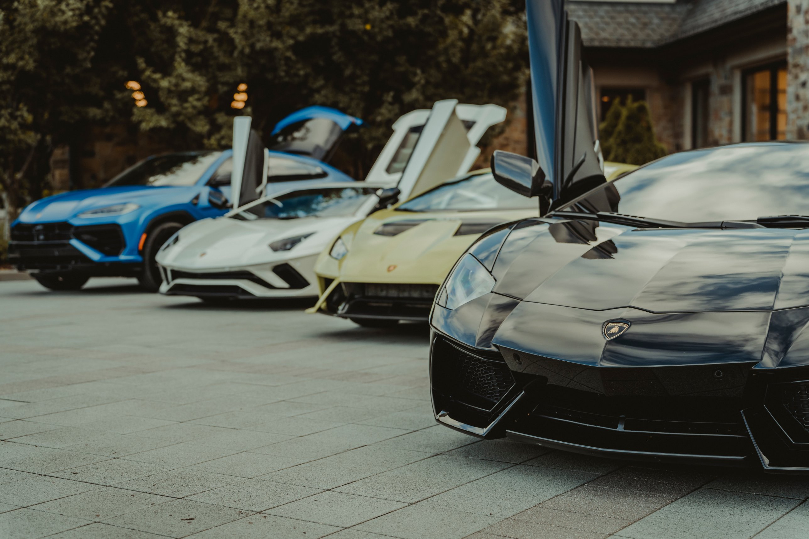 Lamborghinis lined up in the motor court