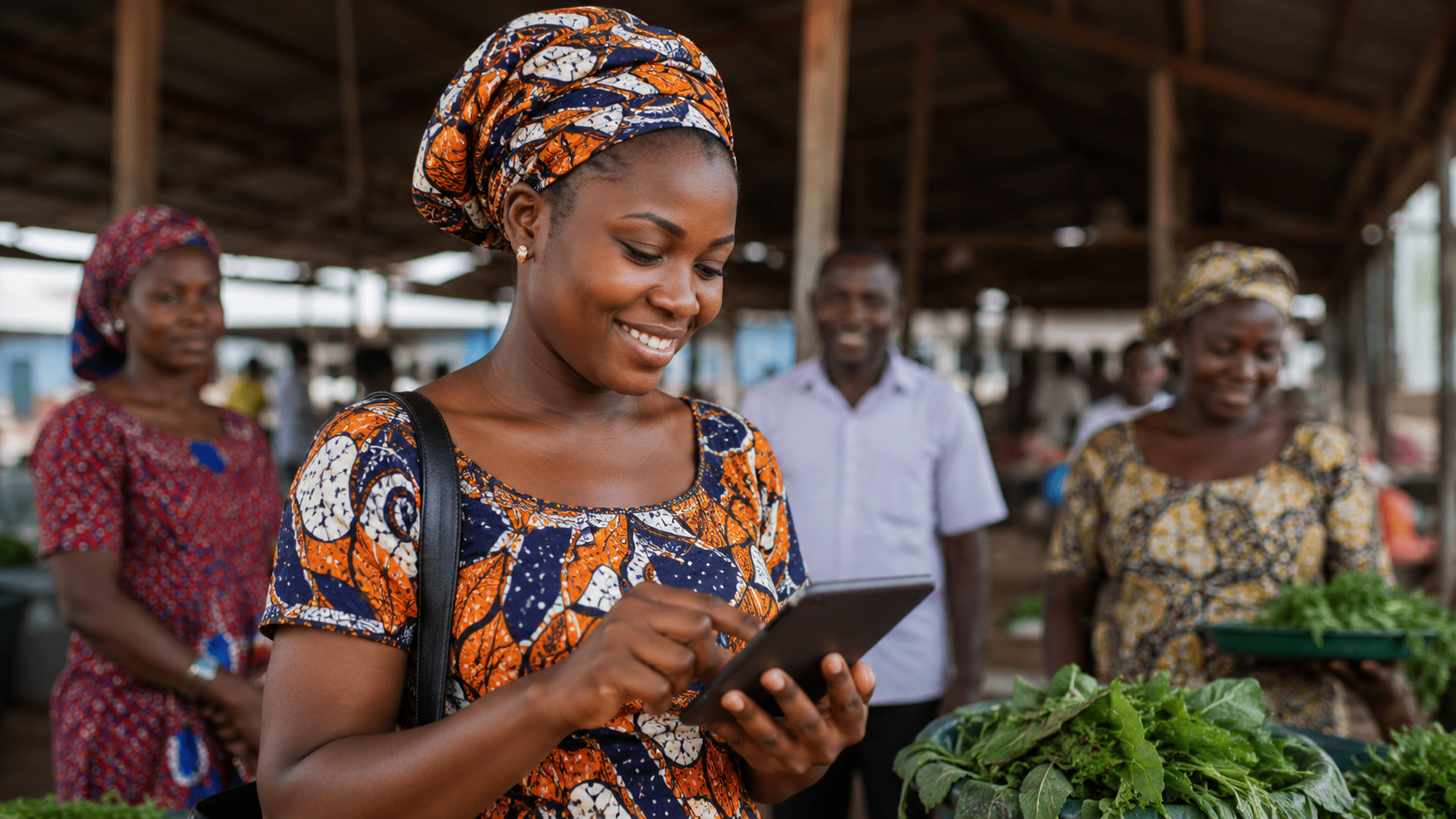 African woman using digital tablet