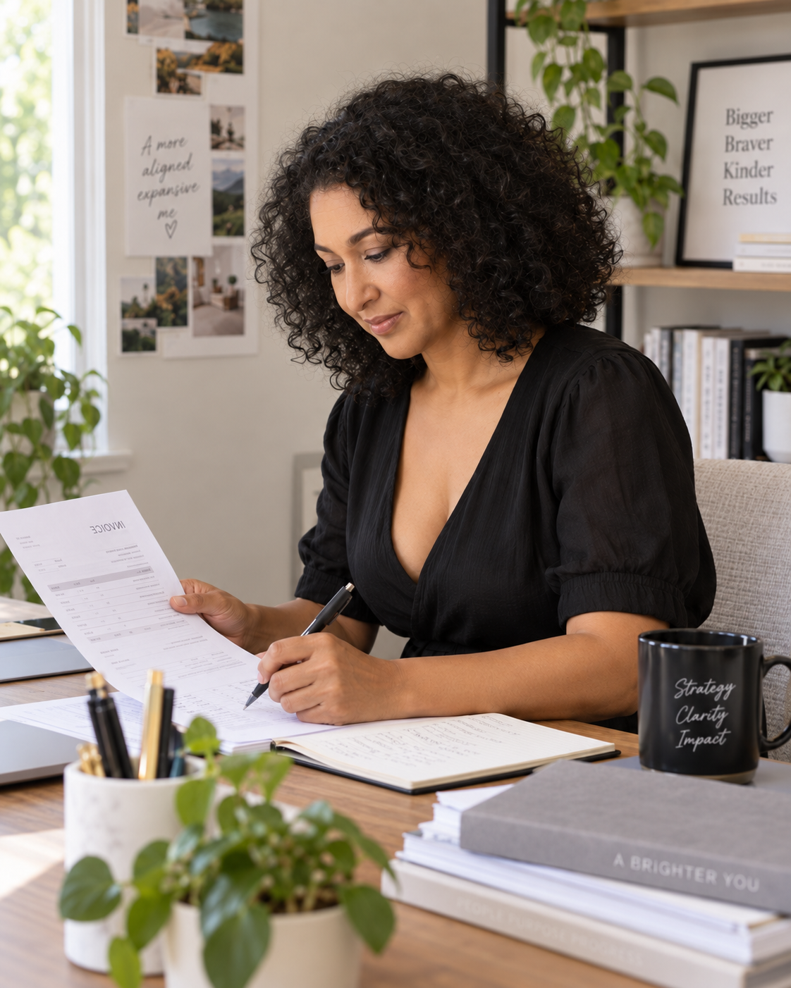 Cindy reviewing numbers with a client