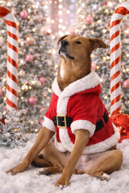 A tan rescue dog in a Santa coat among Christmas trees