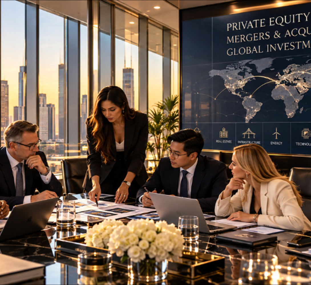 Illustrative executive boardroom meeting with business professionals discussing strategic opportunities