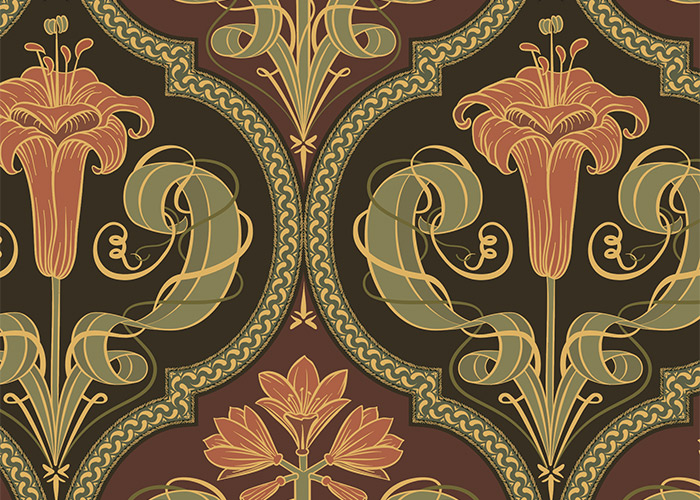 Opulent Art Nouveau Lilies in Ogee layout pattern