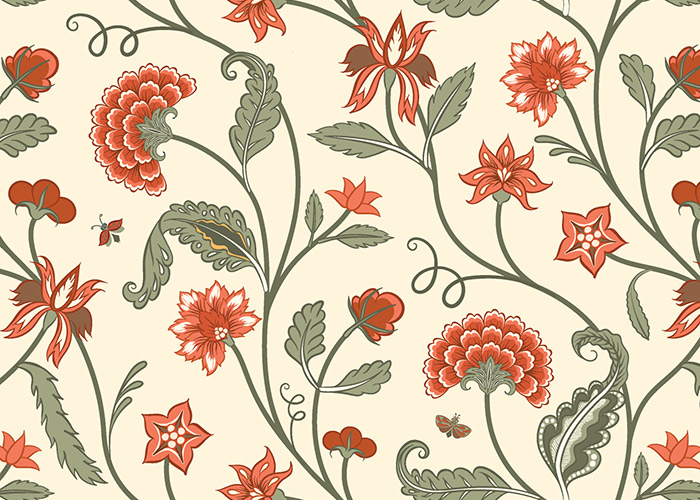 Indian Floral trailing vine pattern in warm corals