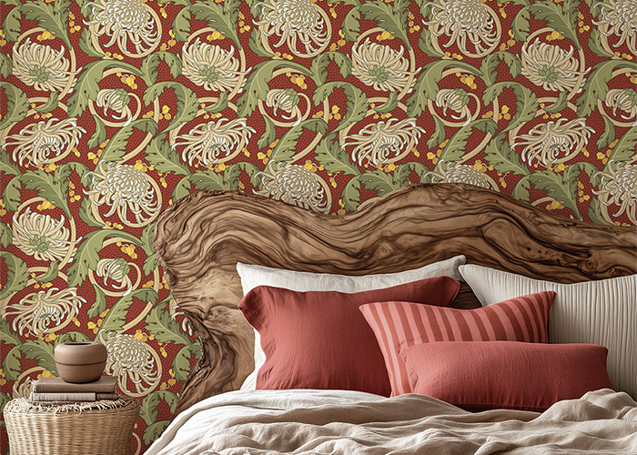 Arts & Crafts Spider Mums Scrolling Floral pattern as wallpaper