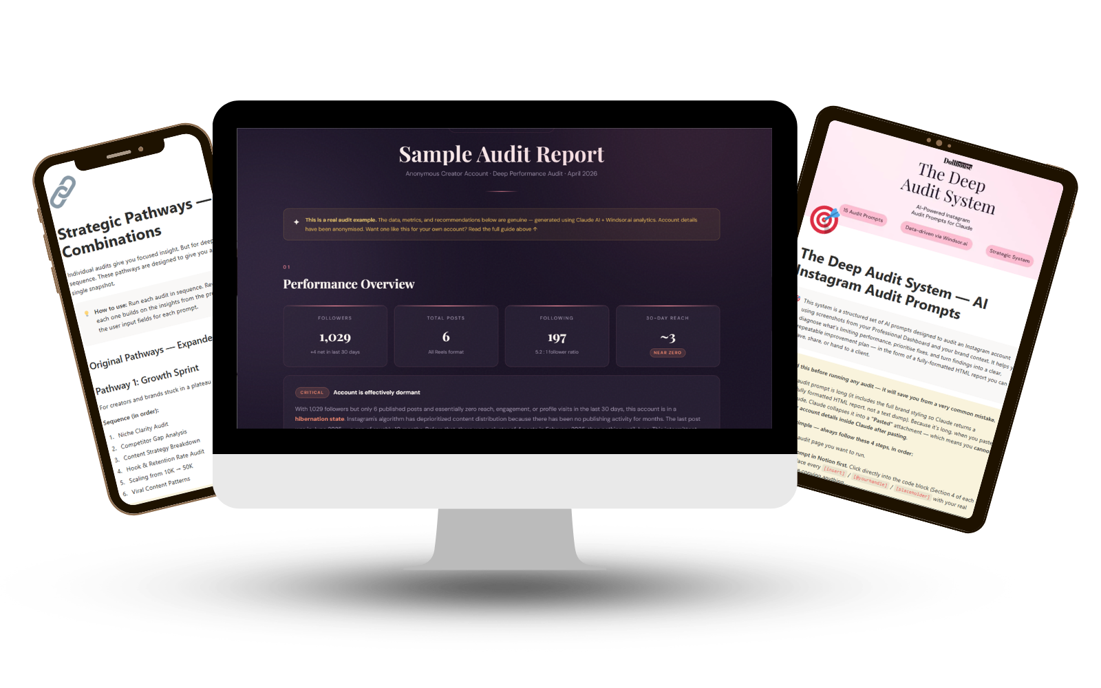 The Deep Audit System — iPhone, desktop and iPad showing the prompt library, sample audit report, and strategic pathways