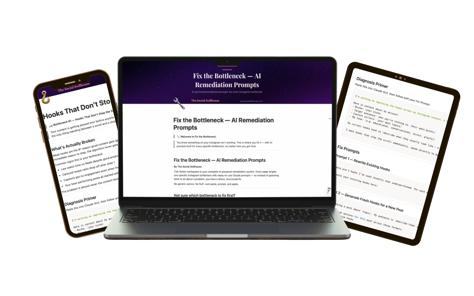 Fix the Bottleneck — Notion workspace shown on laptop, phone and tablet