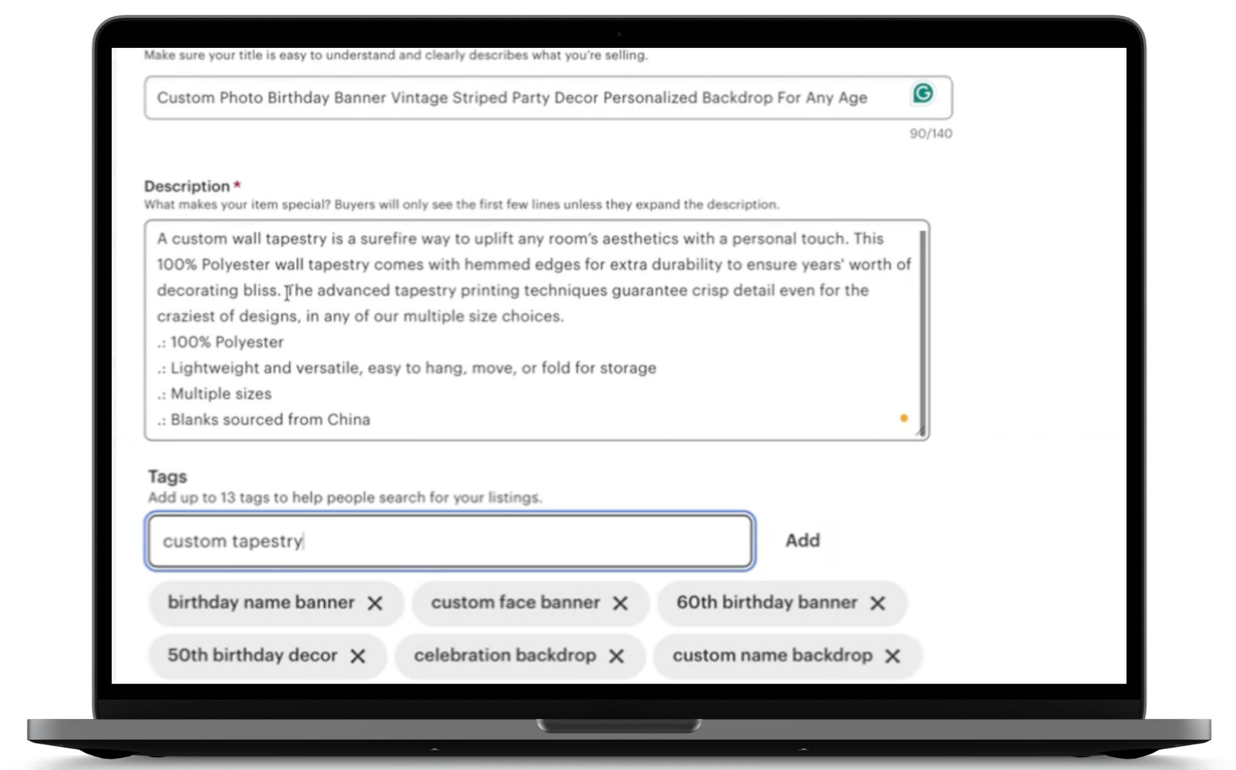 Etsy listing editor showing the title and 13 tags