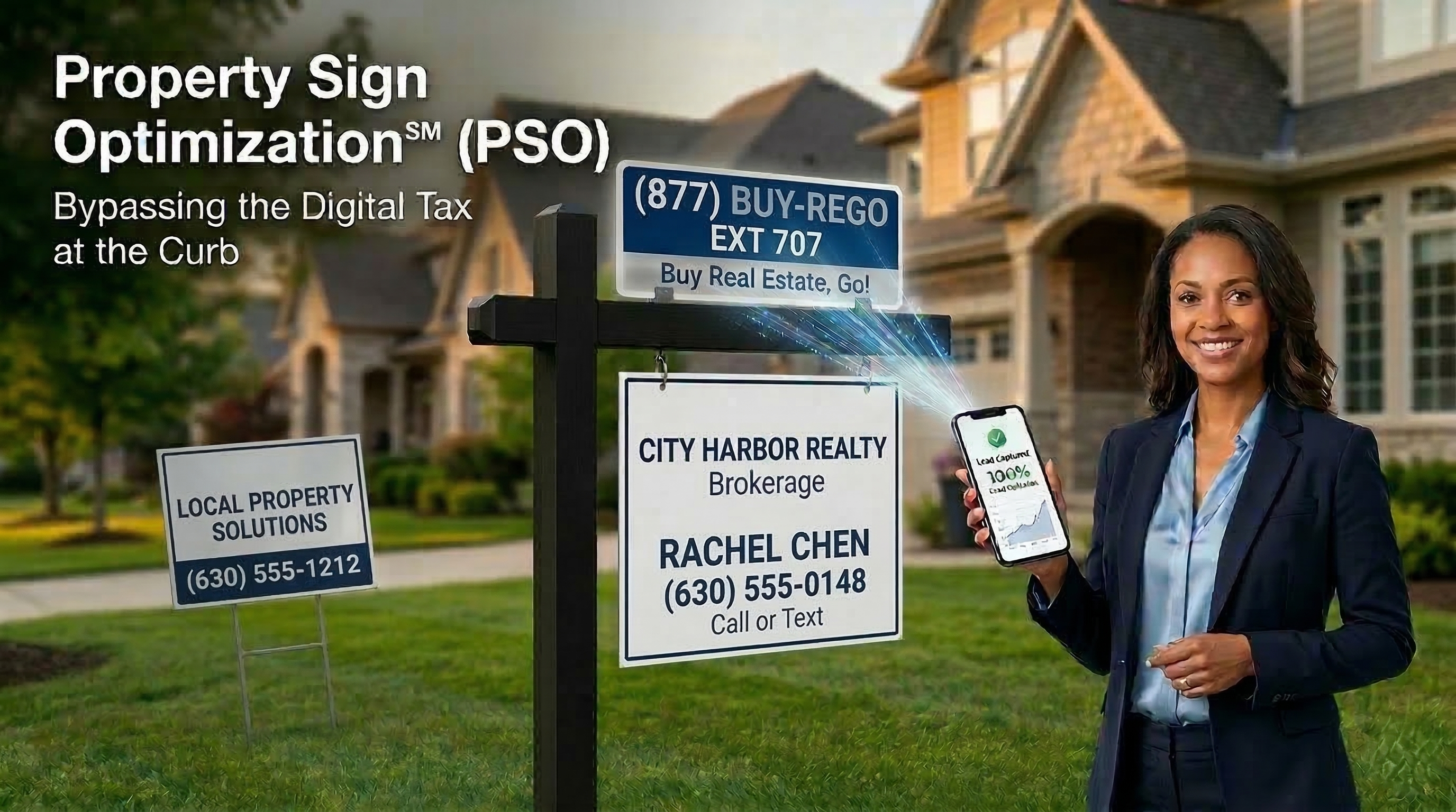 A split-screen real estate infographic. The left side shows a small, generic "Local Property Solutions" yard sign with a standard phone number. The right side features a high-end black-post buyrego™ optimized sign with an 877 mnemonic rider, an agent smiling, and her smartphone showing data flowing from the sign with the message "Lead Captured.