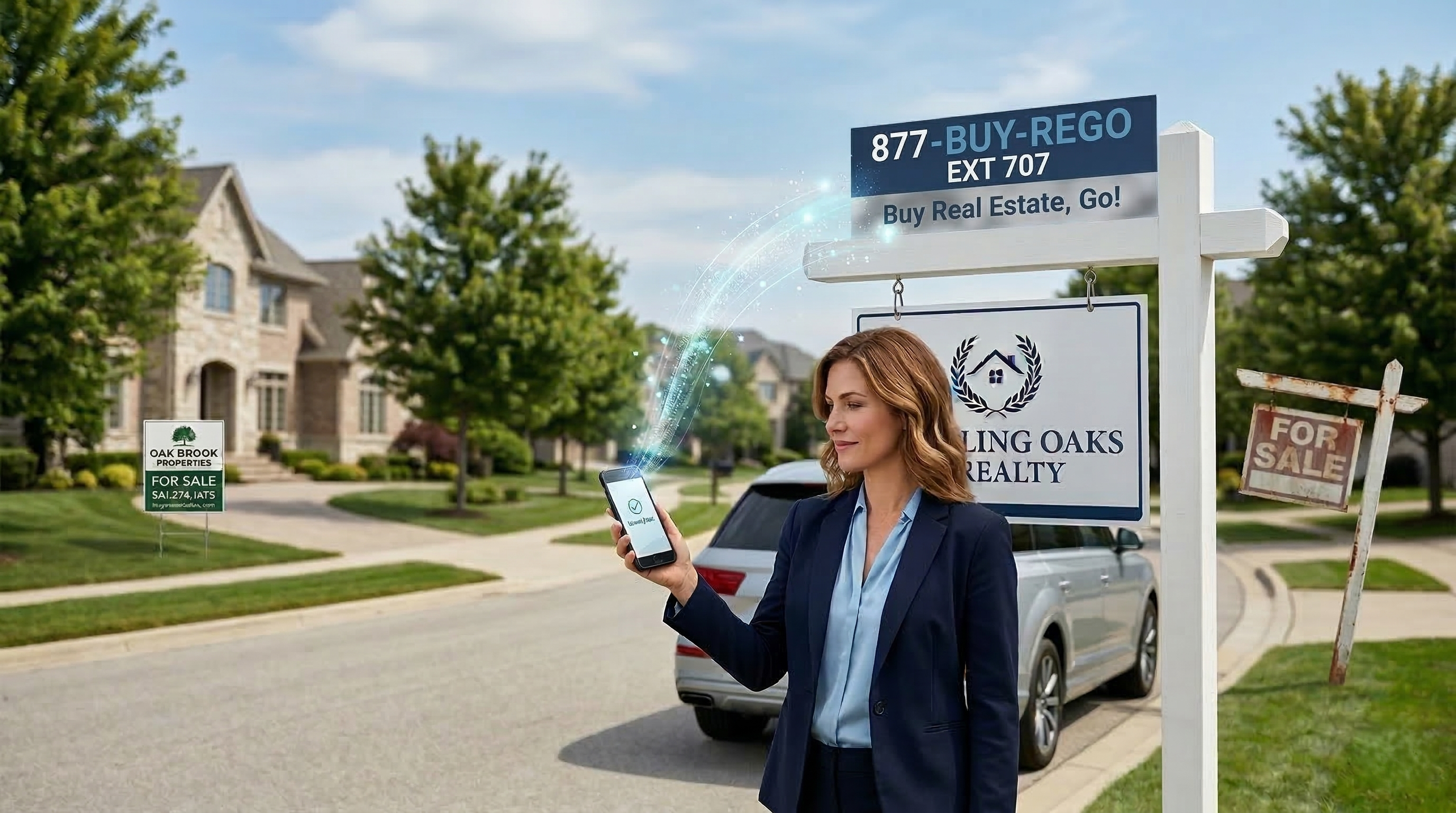 A smiling real estate agent captures a digital lead on her smartphone directly from a buyrego™ optimized yard sign featuring an 877 mnemonic rider. In the background of adjacent yards, old, leaning generic 'For Sale' signs and smaller illegible yard signs fail to capture traffic.