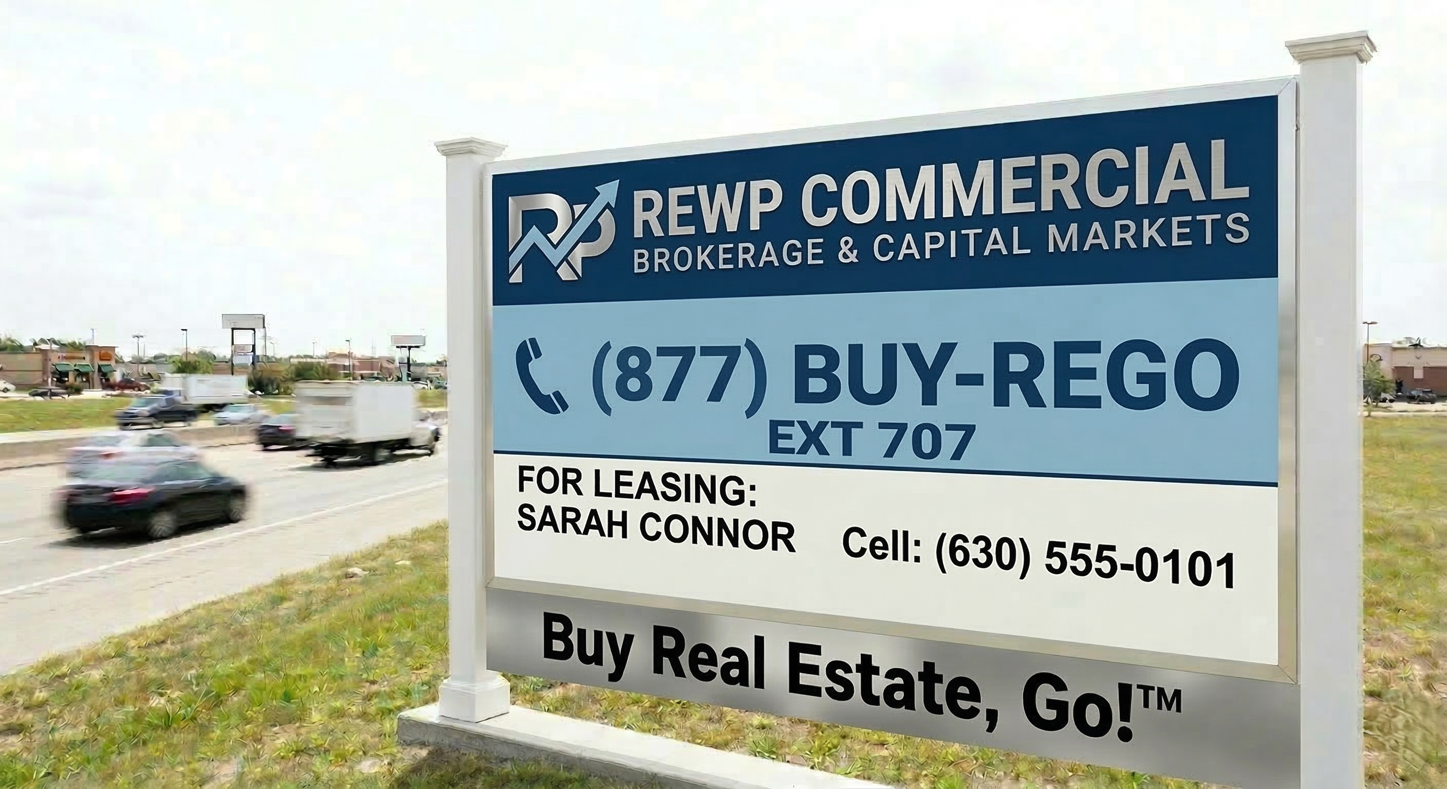 A professional commercial real estate monument sign for REWP Commercial Brokerage featuring agent and the (877) BUY-REGO mnemonic and Ext 707 for lead capture.