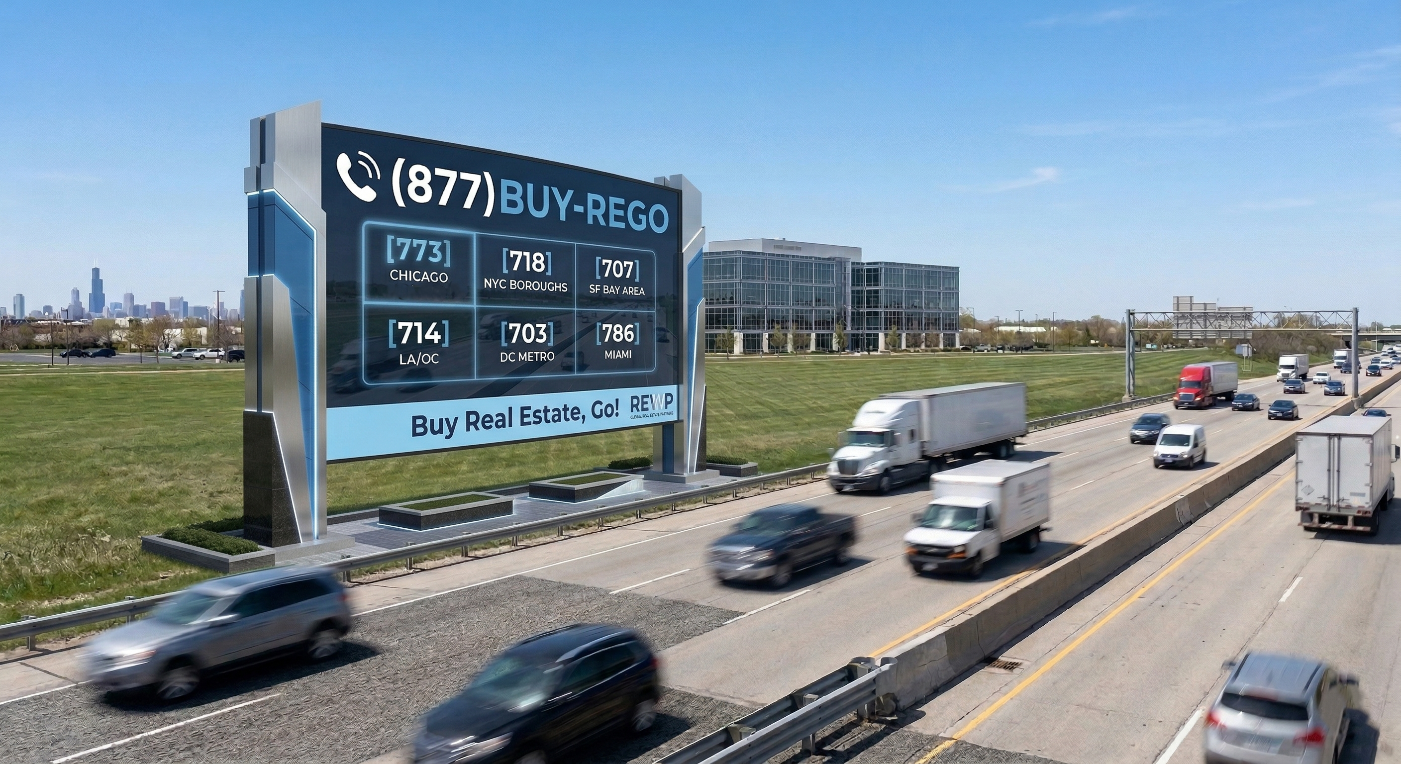 Large commercial real estate V-board sign on a busy expressway demonstrating Property Sign Optimization (PSO) and the 877-BUY-REGO enterprise lead capture network.