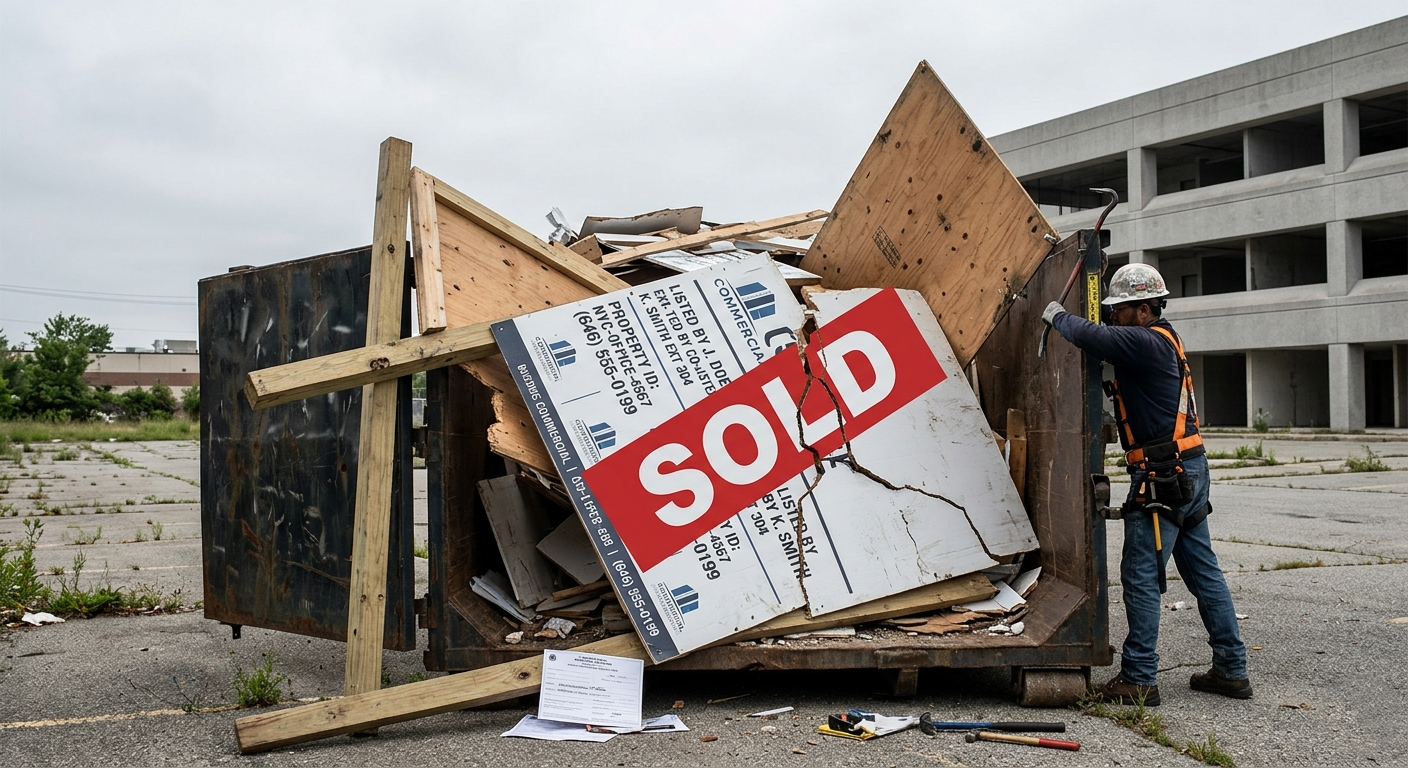 A visual pile of discarded wooden commercial real estate V-board signs overflowing from a construction dumpster at a commercial listing site.