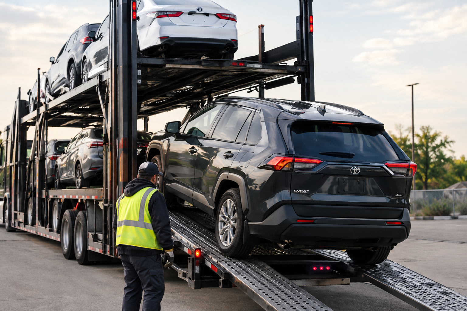 SUV being loaded onto an open car carrier