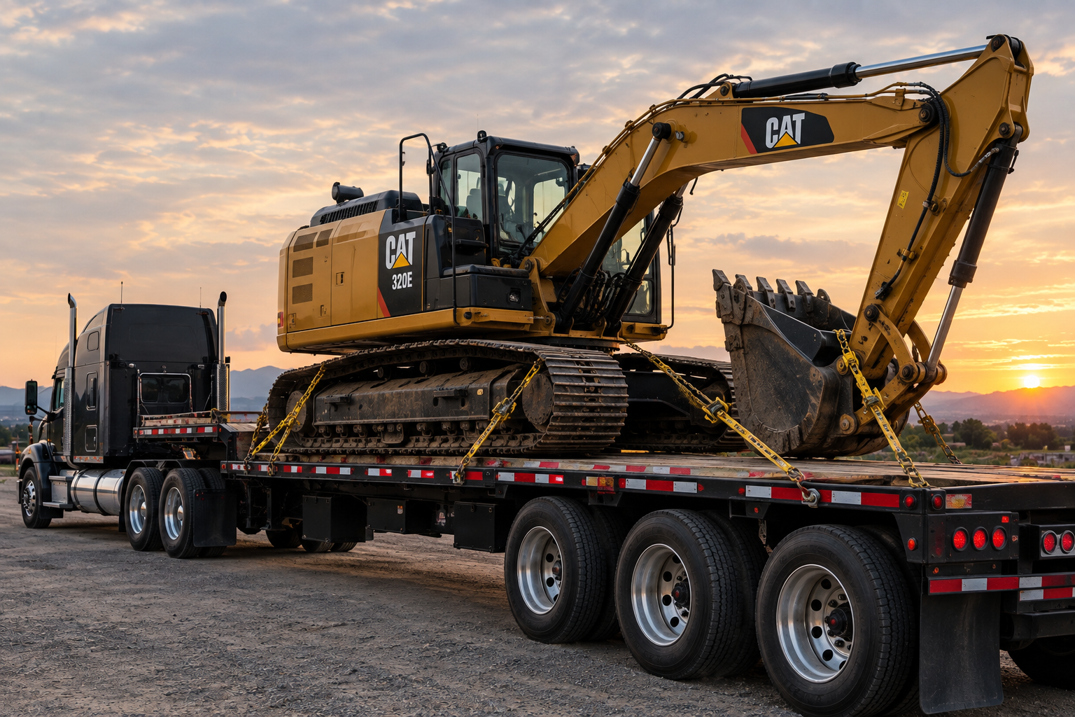 Construction equipment loaded on a flatbed trailer