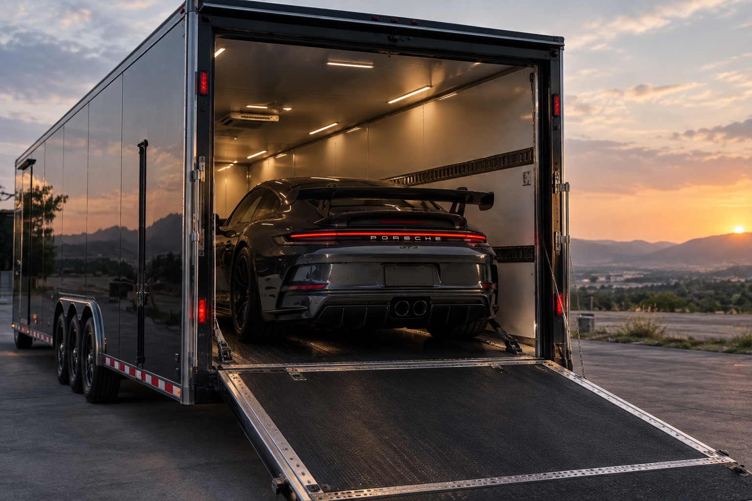 Car secured inside an enclosed transport trailer