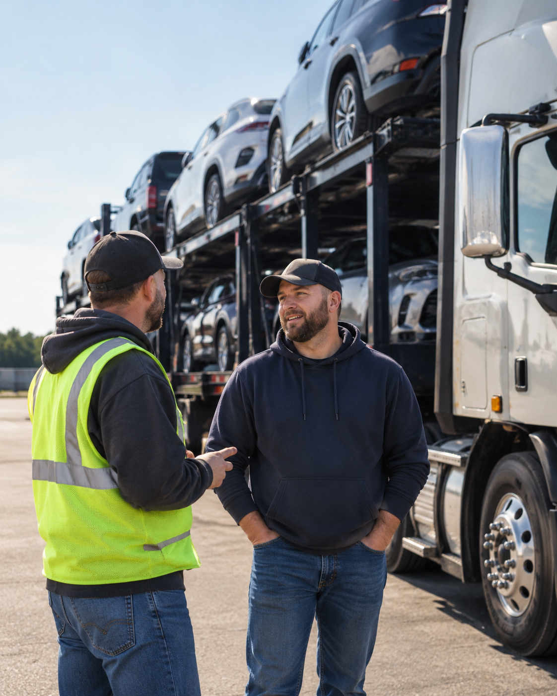 Two USA Car Hauling team members talking beside a loaded car carrier