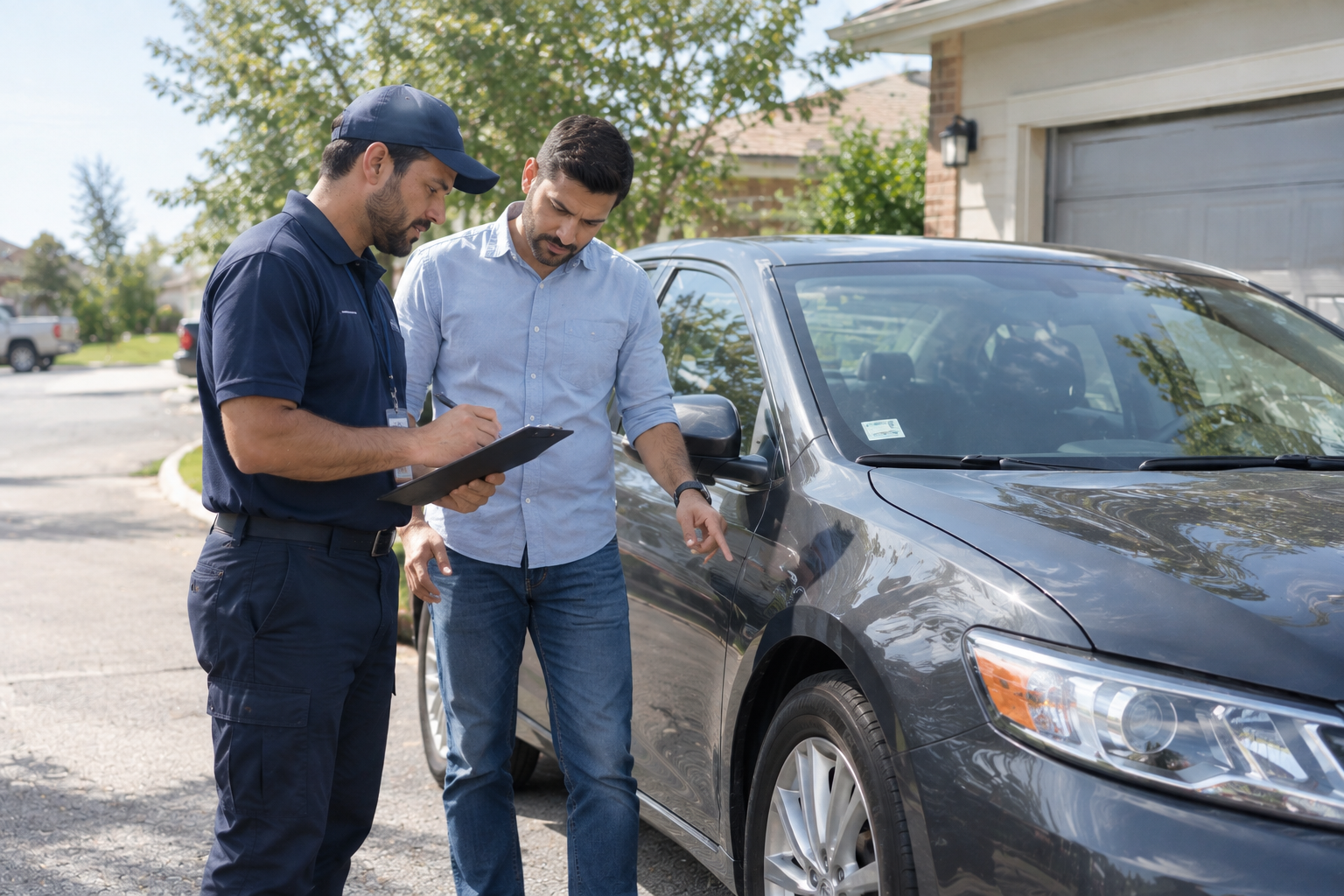 Transport driver and vehicle owner inspecting a car together at pickup