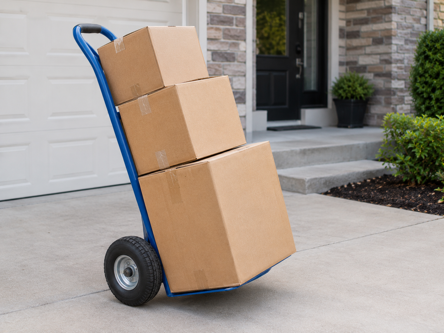 Hand truck loaded with moving boxes on a driveway