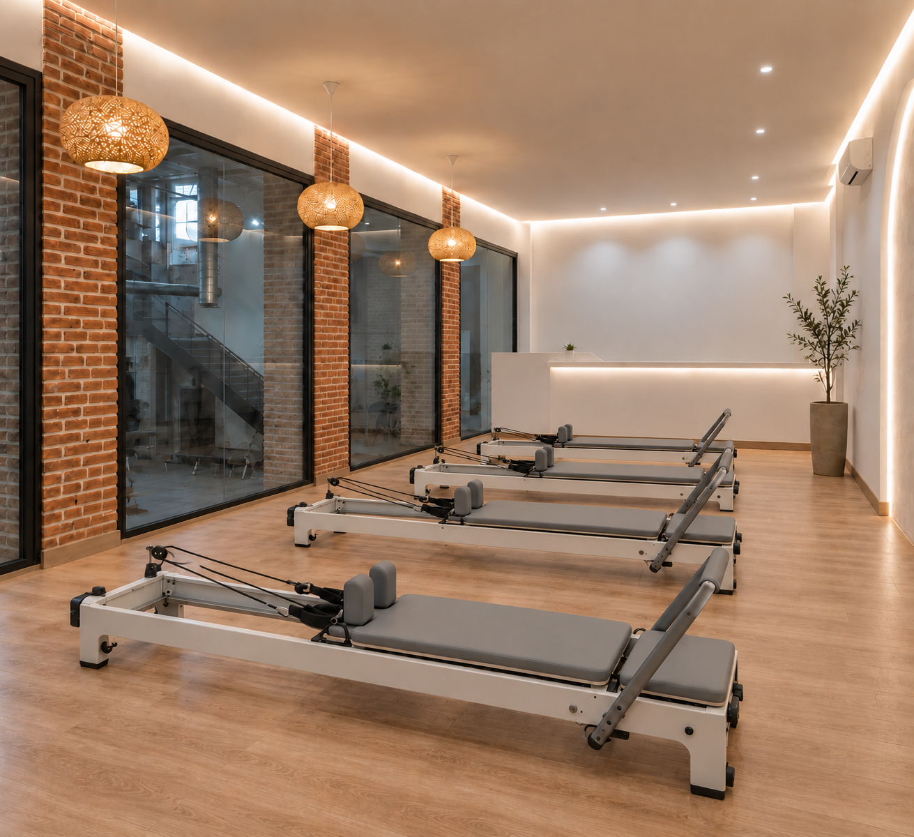 Vista editada de la sala de Pilates Reformer de Alcuadrado Pilates