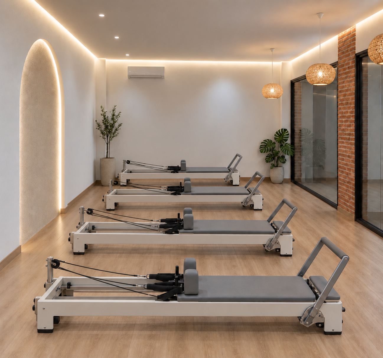 Vista editada de la sala de Pilates Reformer de Alcuadrado Pilates