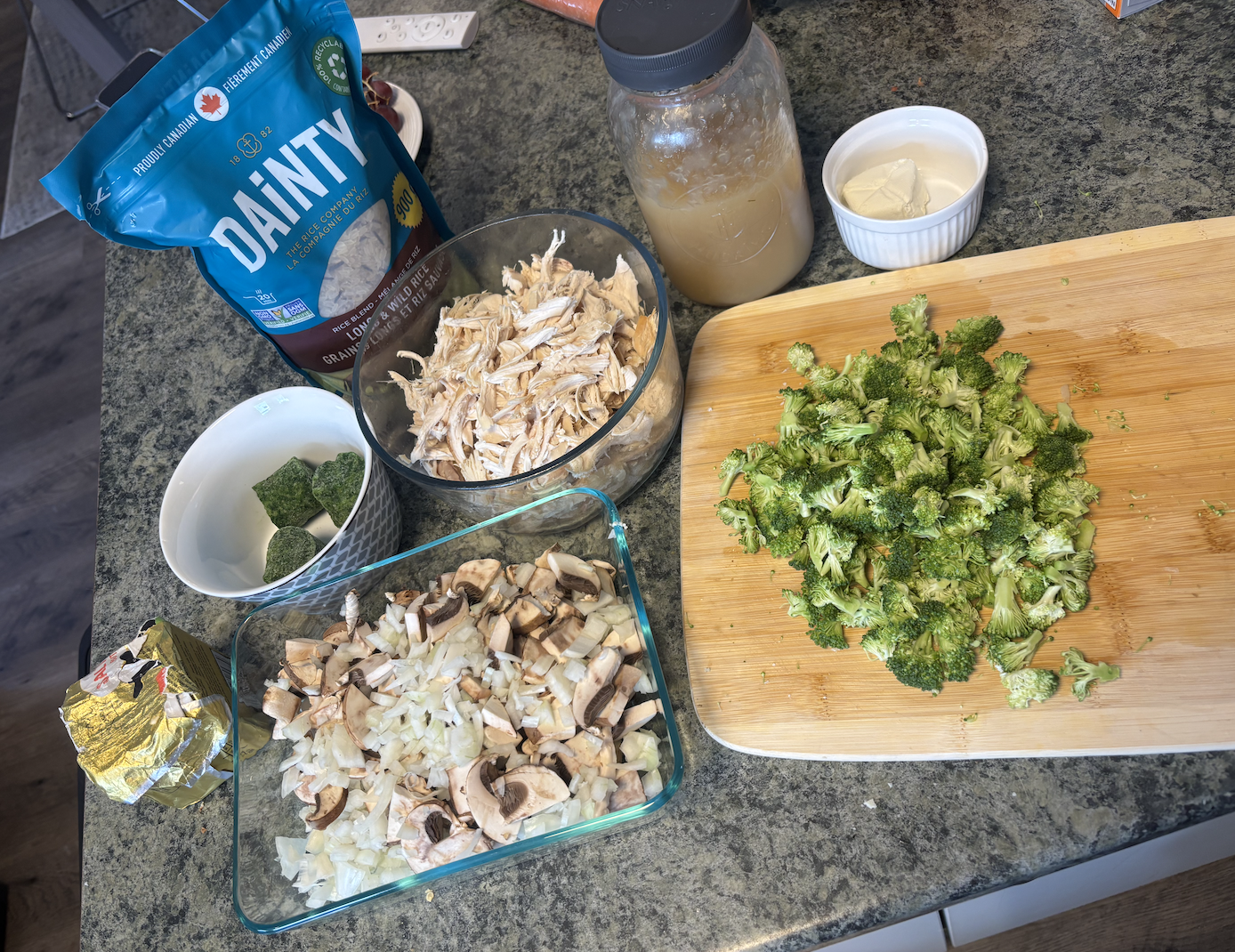 ingredients needed for casserole, rice, chicken, veggies, broth, cheese