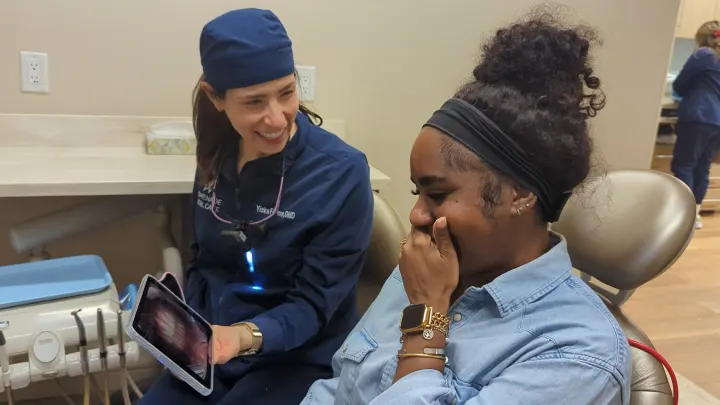 A patient's reaction to her new smile