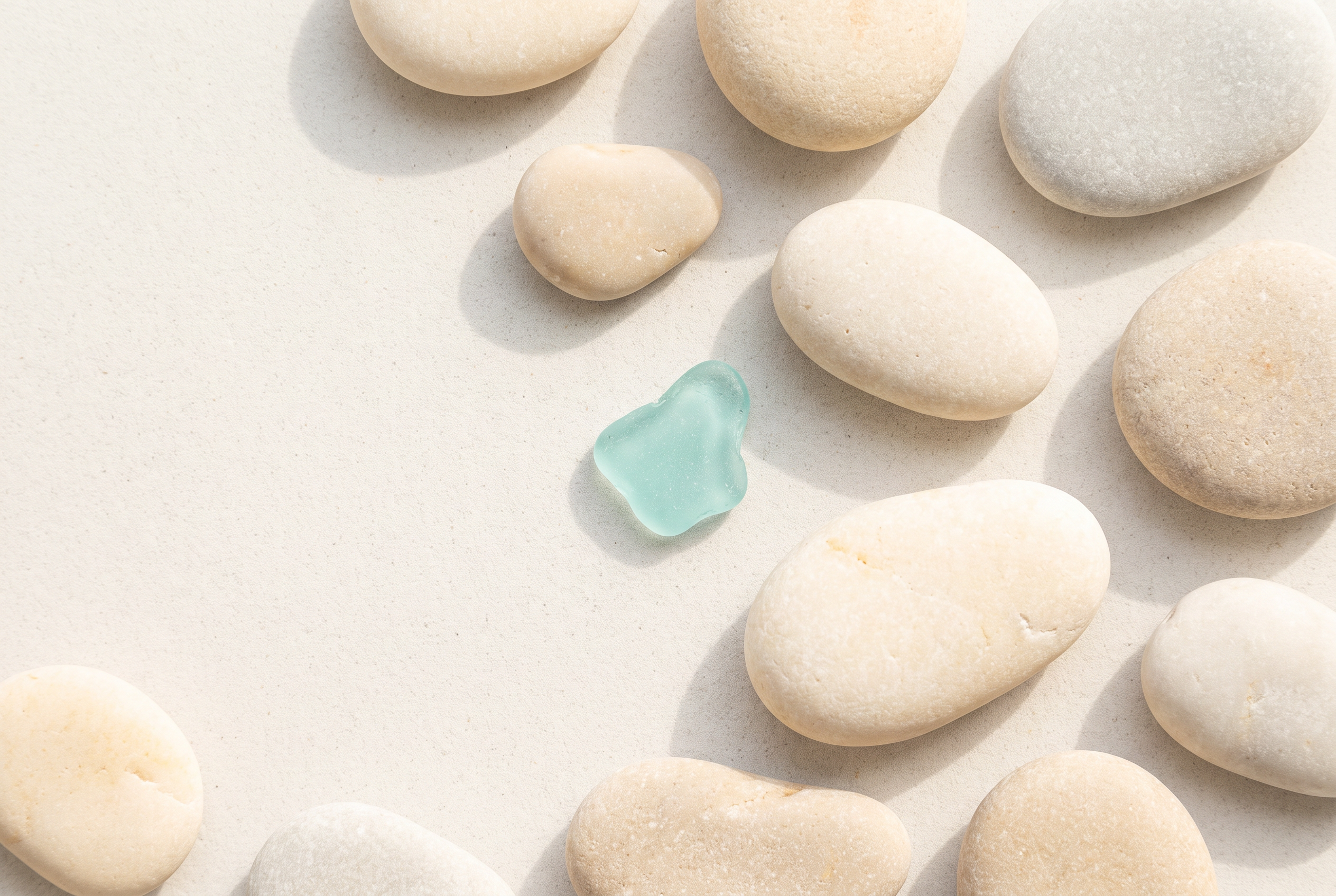 Pale beach stones with a single piece of aqua sea glass