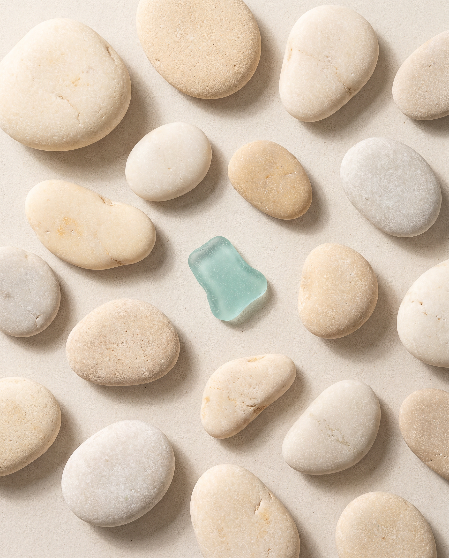 Pale beach stones with one piece of aqua sea glass