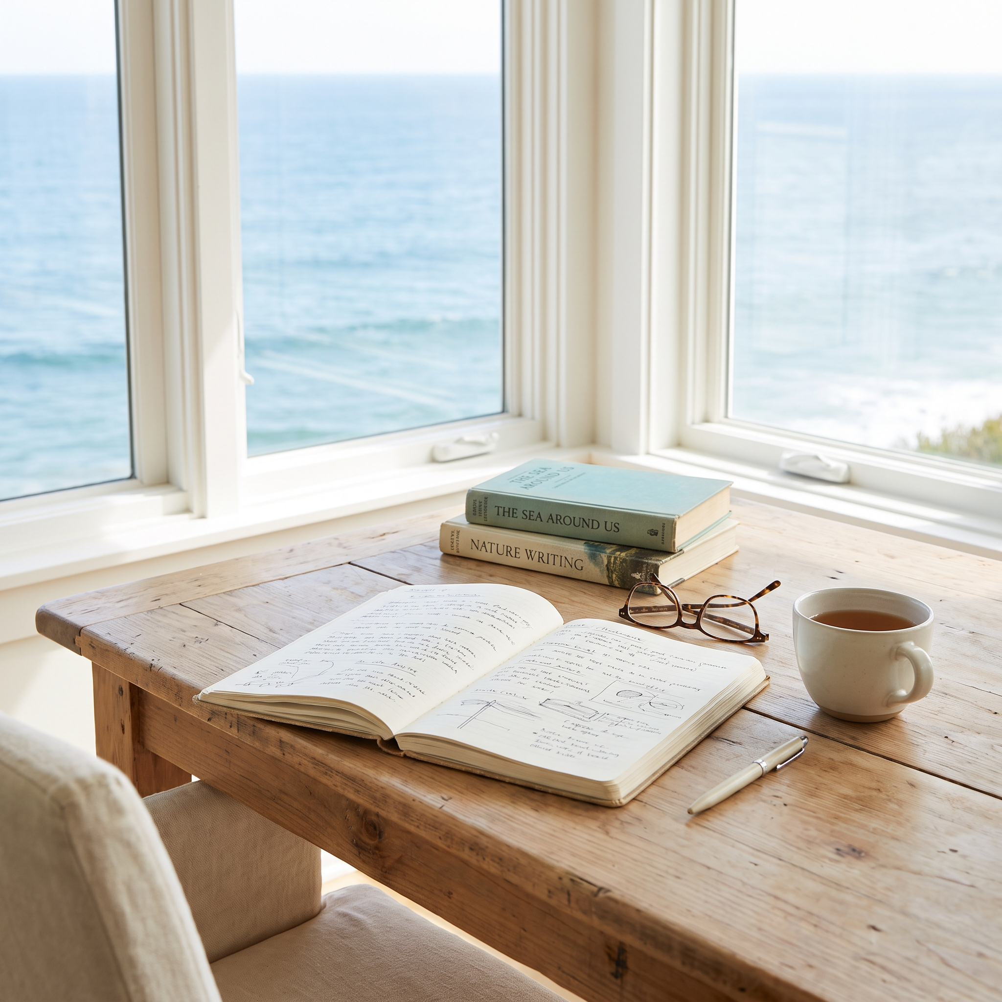 Notebook and books on a worktable overlooking the ocean