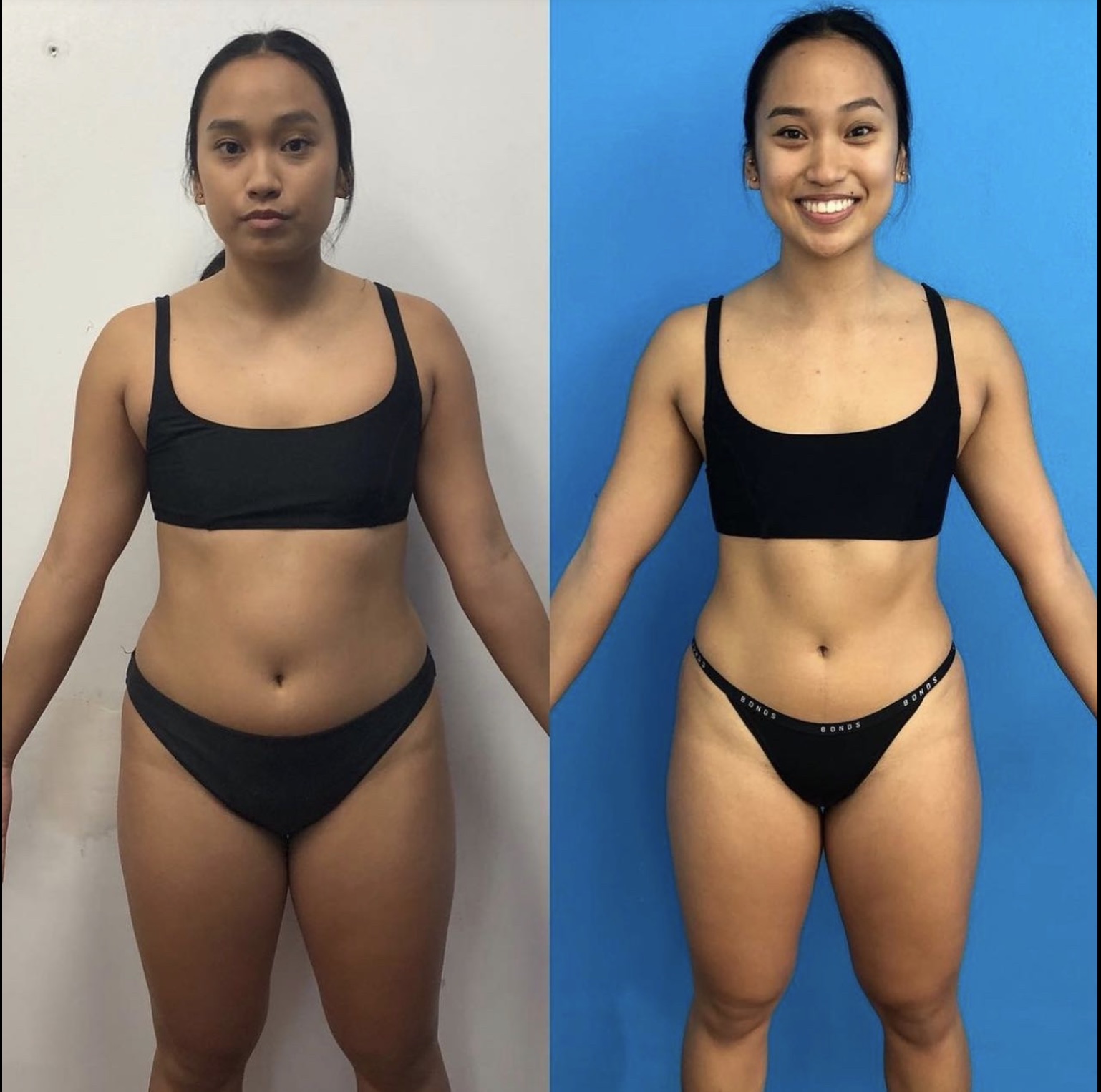 female girl weight loss before and after exercise photo lost 7 kgs from cardio and strength classes