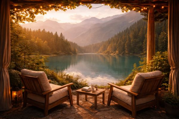 Serene lakeside retreat at dusk.