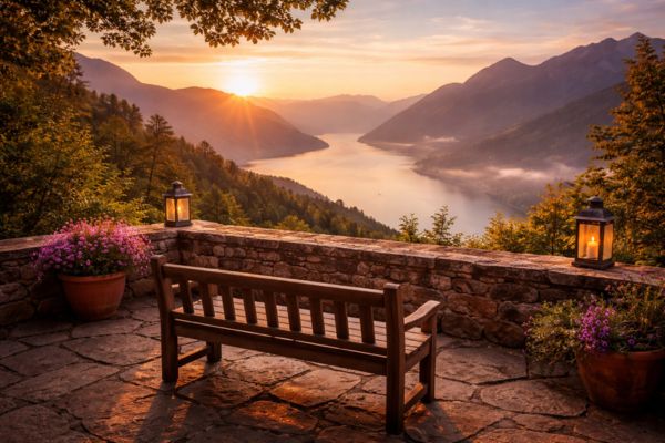 Serene sunrise over mountain lake