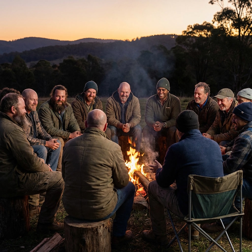 Group of men gathered around fire showing brotherhood and authentic connection