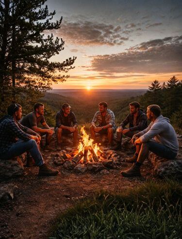 Group of men gathered around fire showing brotherhood and authentic connection