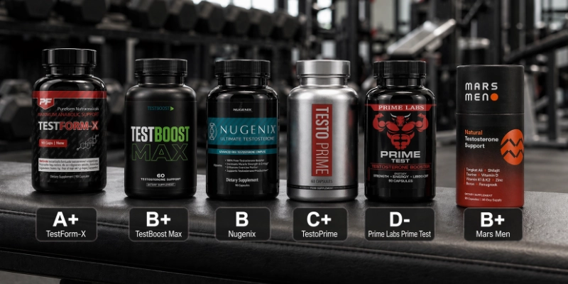 Men's supplement comparison visual with testosterone booster bottles