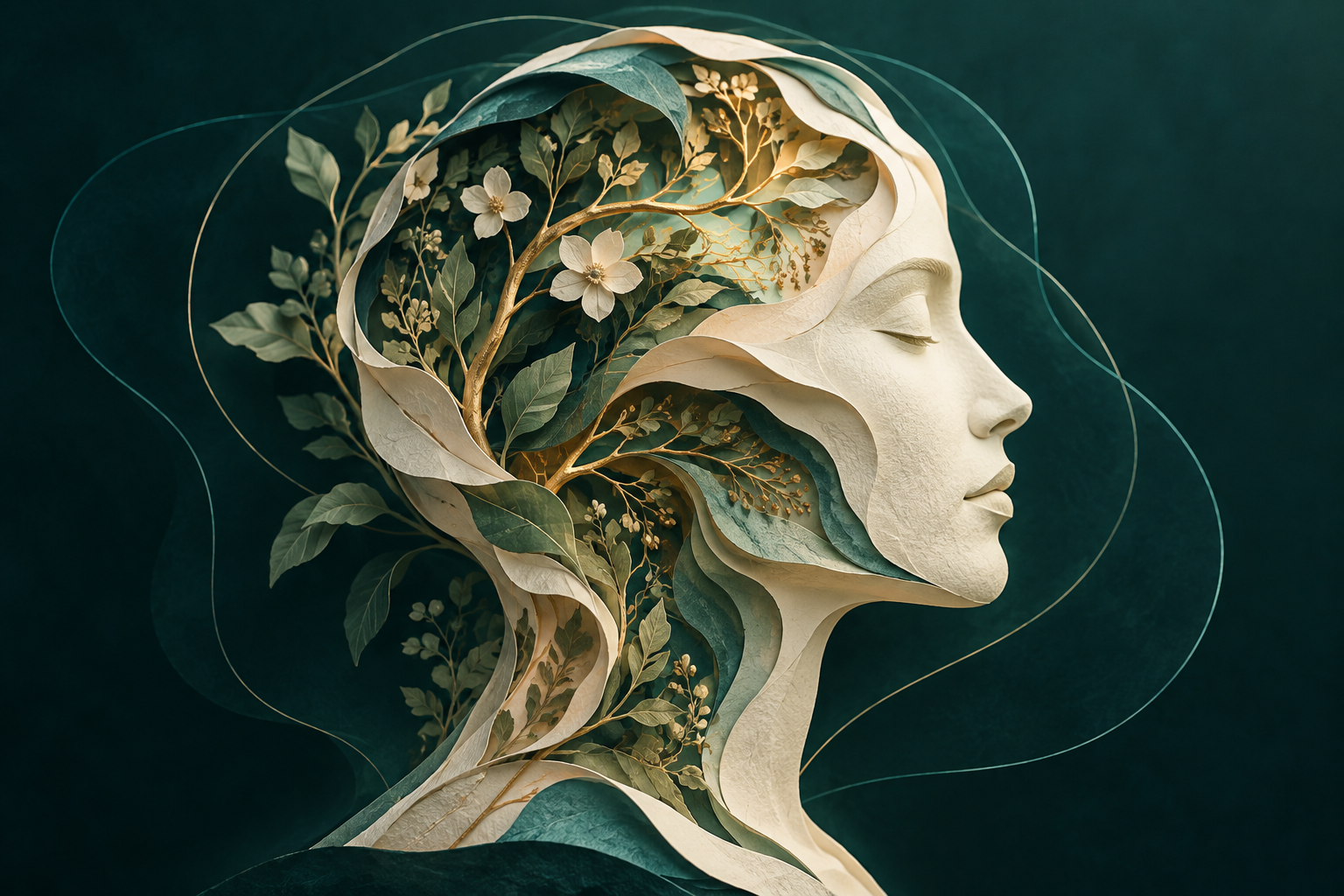 Sculpted human profile in ivory and teal, with leaves and gold branches visible within its layered form.