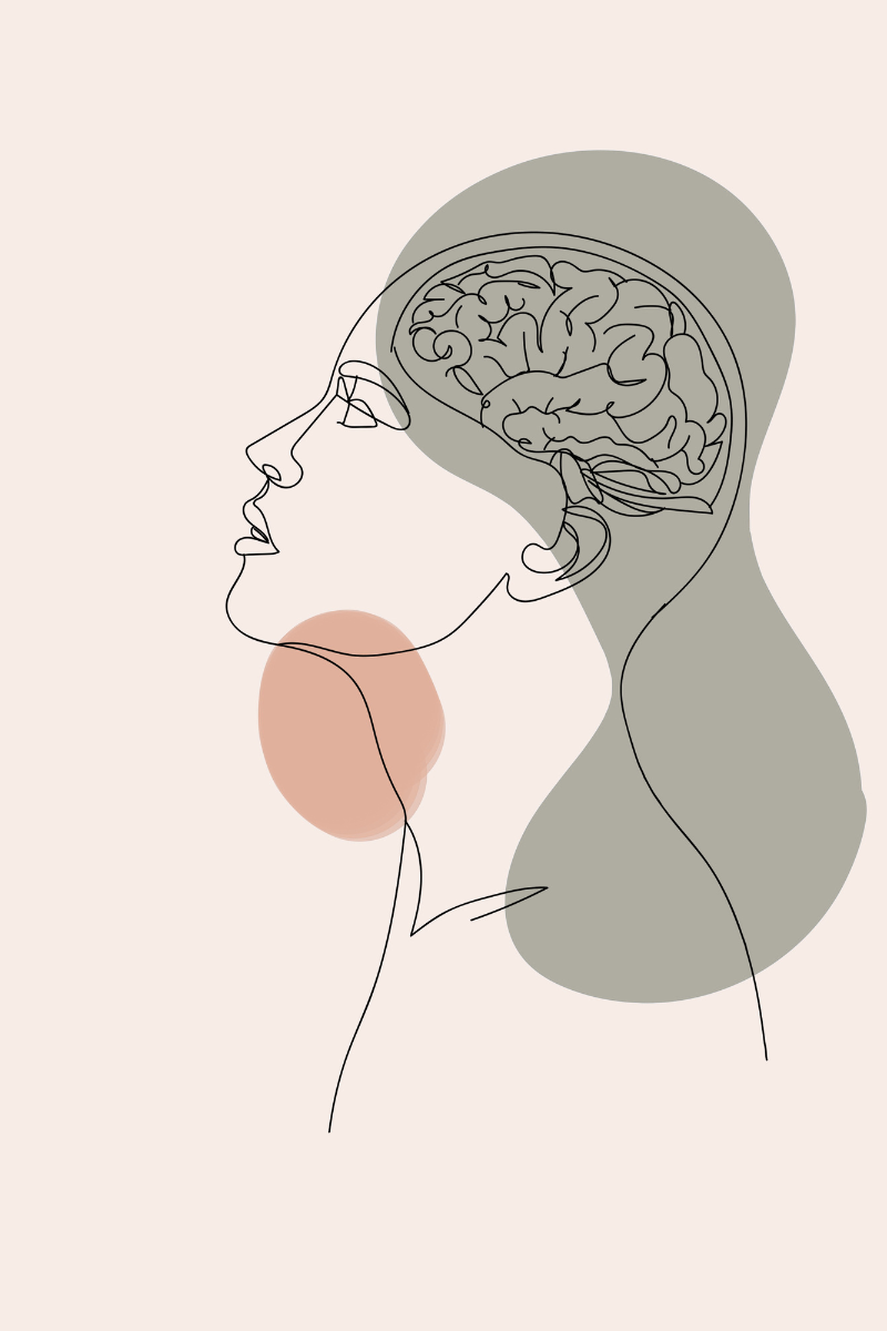 Line illustration of a person in profile with the brain highlighted